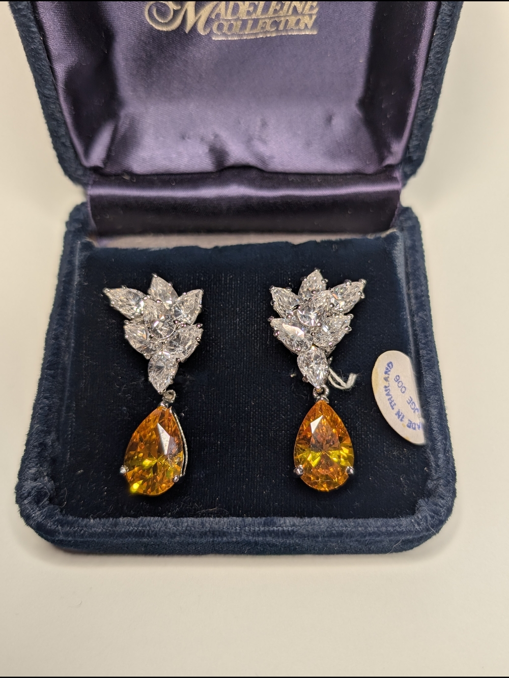 Vintage Countess Madeline 925 Silver Earrings With Amber Color Teardrop